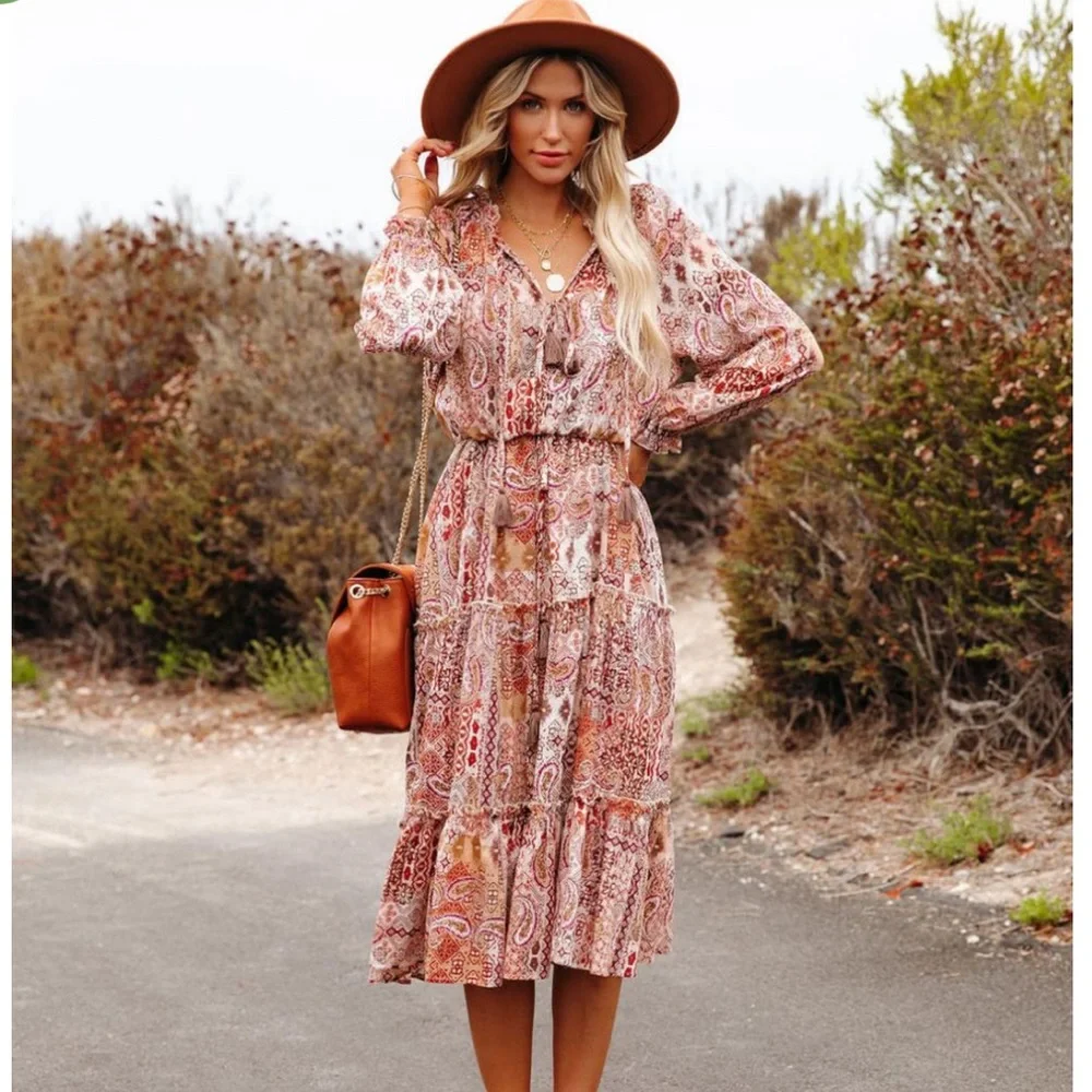 VICI Womens Midi Dresses | Dougherty Cotton Printed Ruffle Midi Dress - Picture 2 of 16